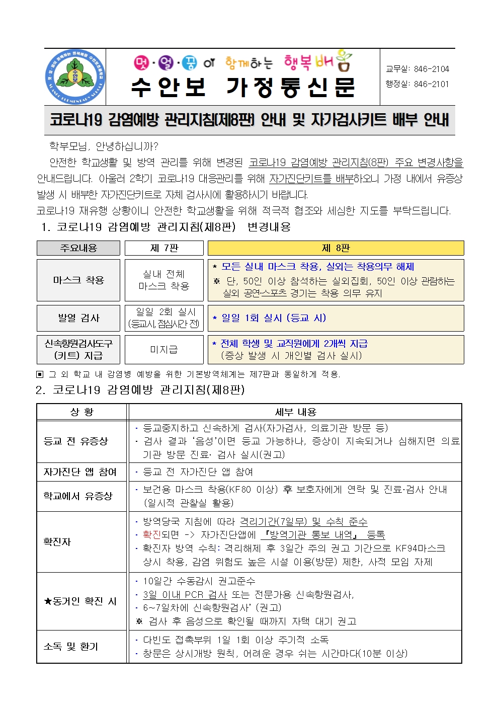 코로나19 감염예방 관리지침(제8판) 안내 및 자가검사키트 배부 안내문(220905)001