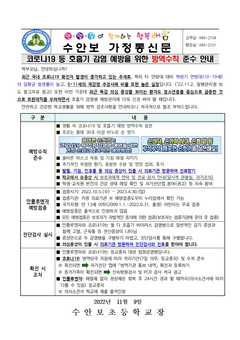 11월-코로나19등 호흡기감염 예방을 위한 방역수칙 준수 안내문(221109)001